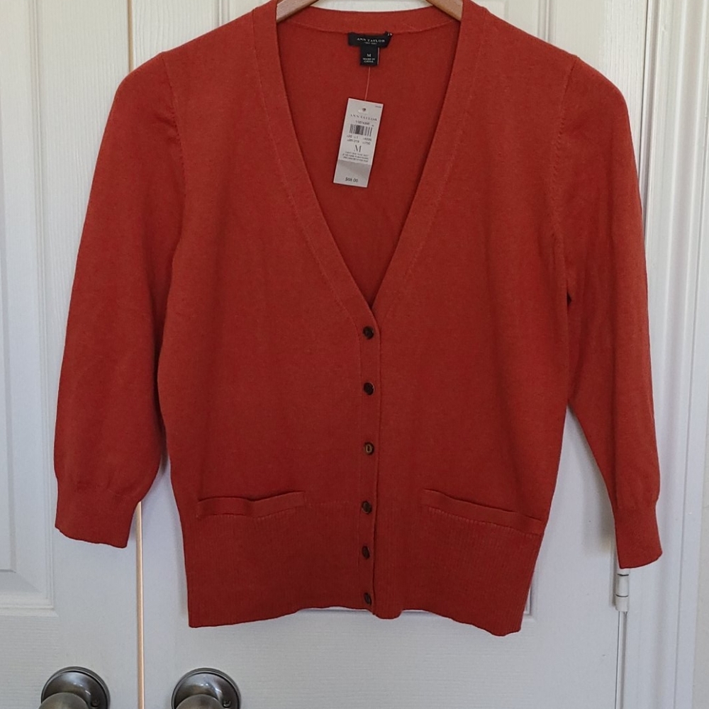 Ann Taylor Orange V-Neck Button Cardigan